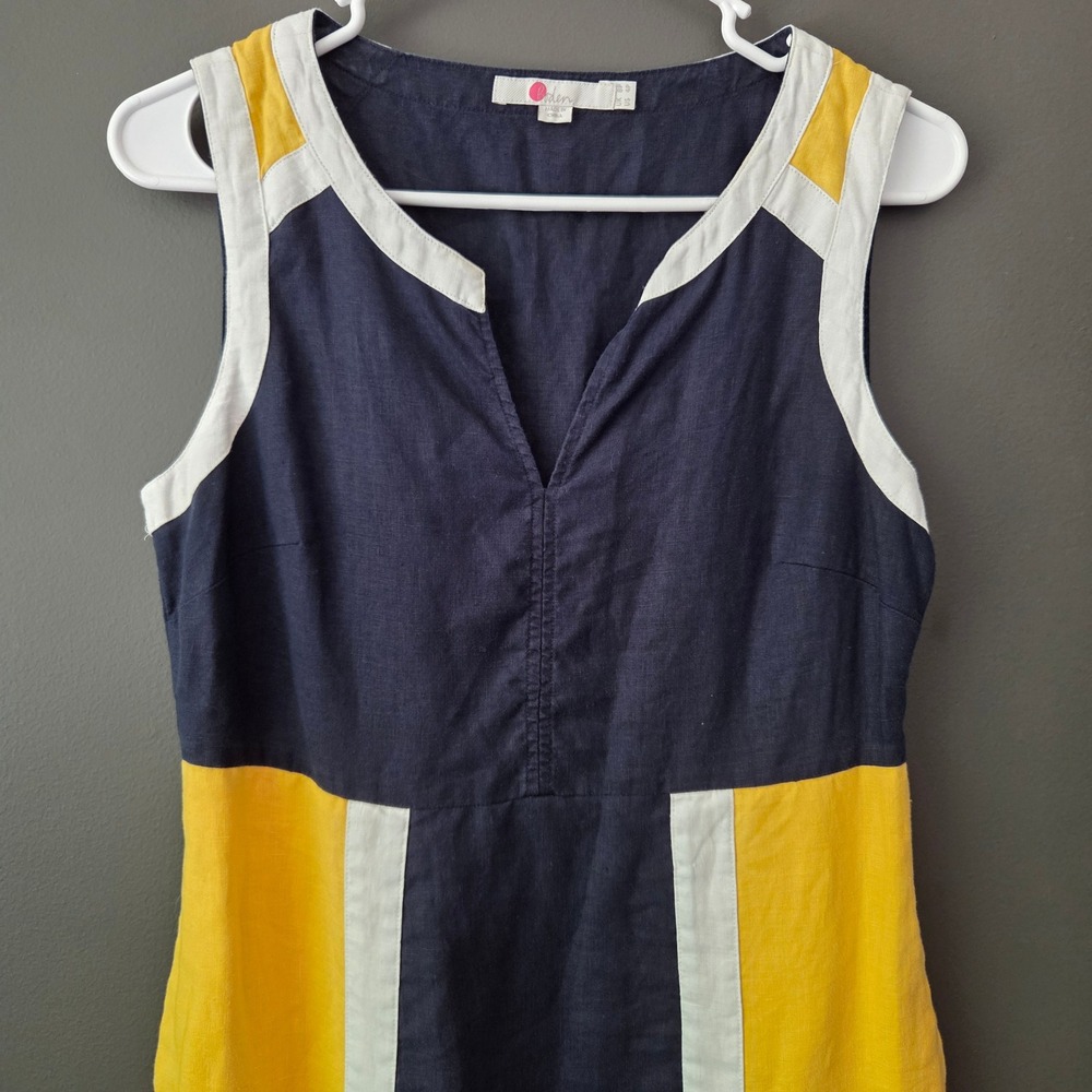 Boden Navy Blue Yellow Sleeveless Colorblock 100% Linen Shift Dress V-Neck 4P - Picture 2 of 8